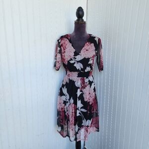 Kate Lily Dress Floral Midi Womens Pink Black Sheer Sleeve Pullover Smocked 4P